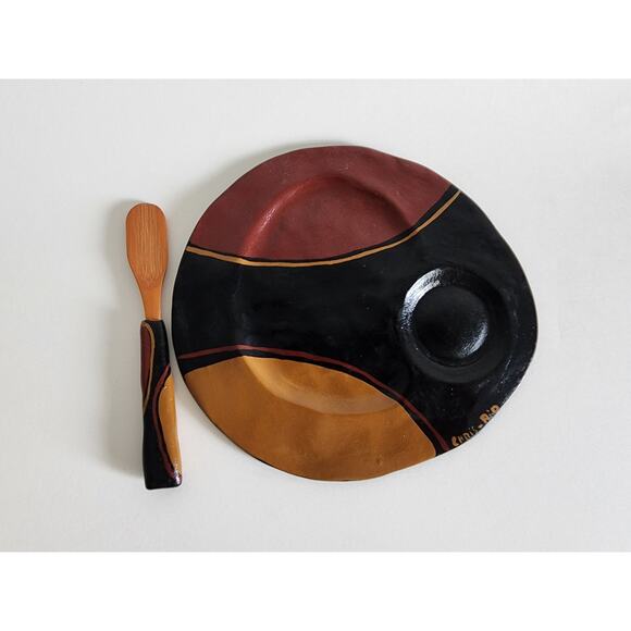 Chris-Rio Signed Ceramic Brie Cheese Plate & Spreader – Hand Painted - Picture 3 of 8